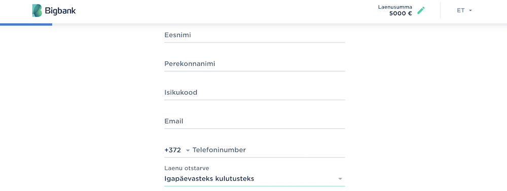 väikelaenu taotlemine samm 2